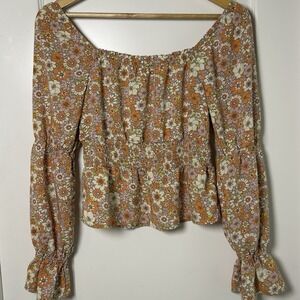 SO Junior's Smoked Square Neck Ditsy Floral Long Sleeve Cottagecore Peplum Top